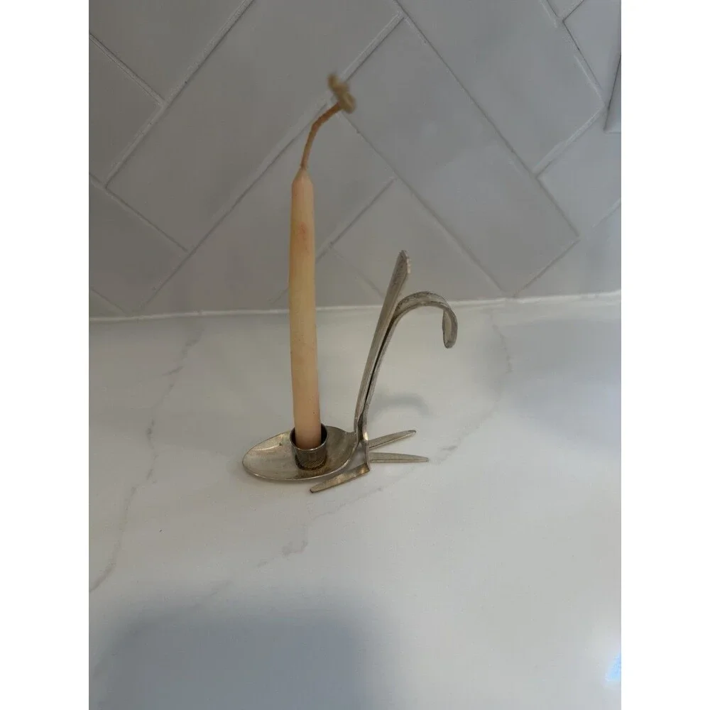 Vintage Silverplate Flatware Art Candle Holder Handmade Mid-Century Style